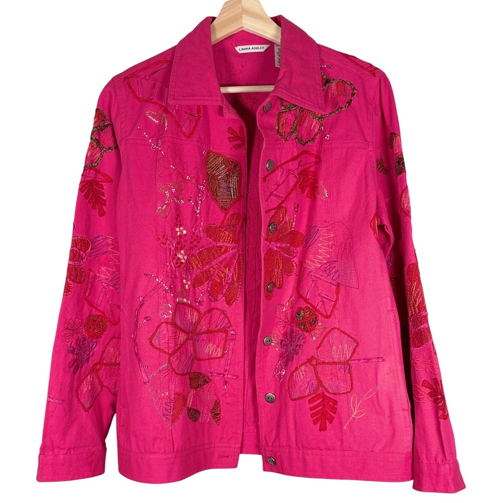 Laura Ashley Womens Pink Embroidered Floral Applique Denim Jacket Small‎ Spring